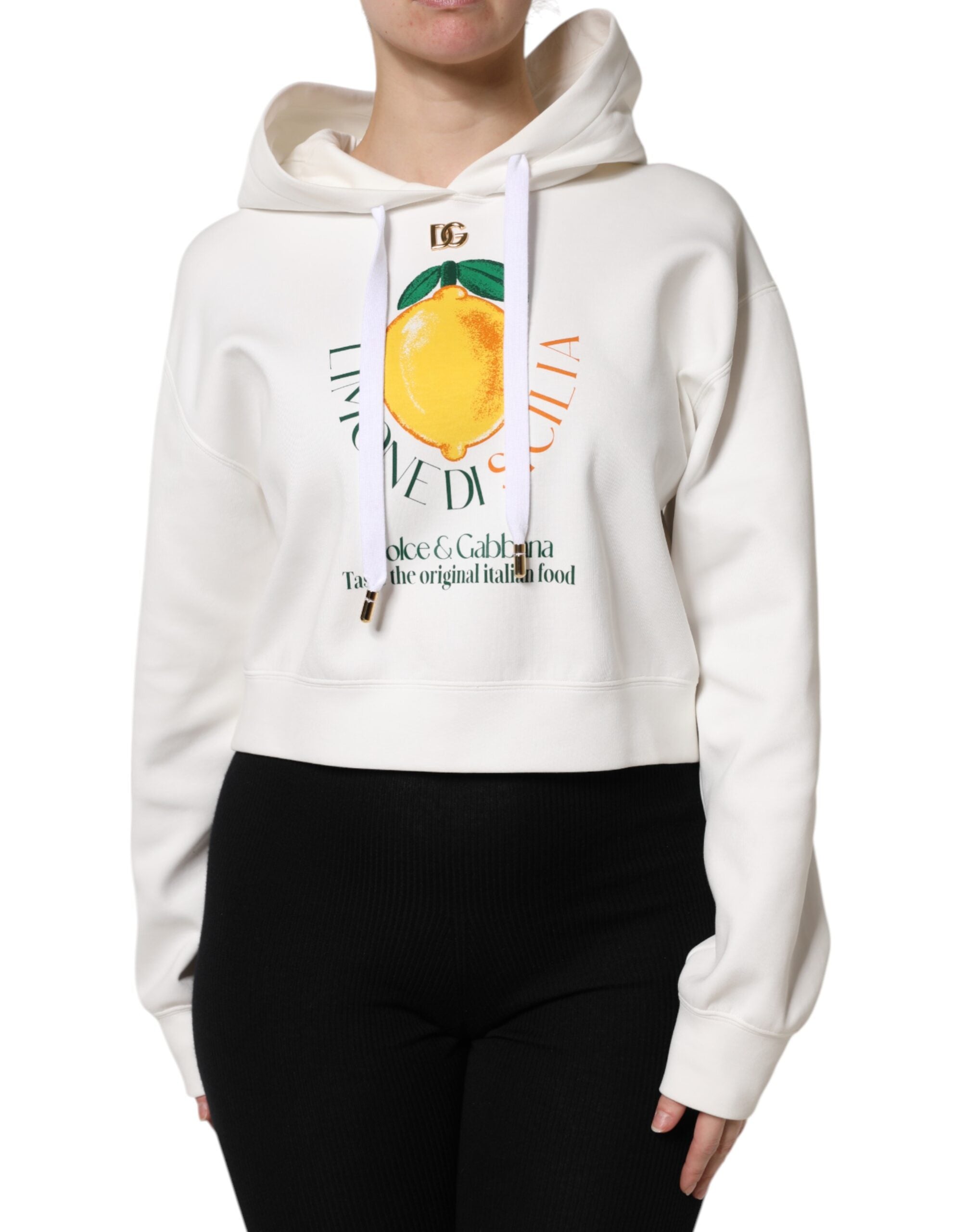 Ivory Cotton Printed Hooded Pullover Sweater