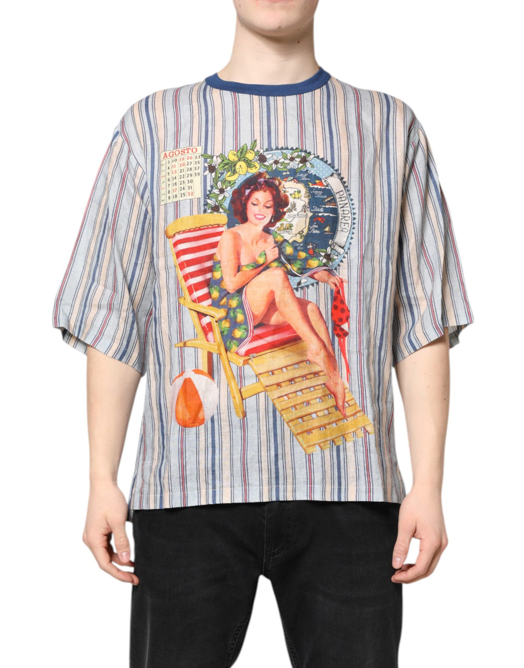 Multicolor Striped Pin Up Linen Round Neck T-shirt