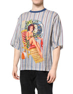 Multicolor Striped Pin Up Linen Round Neck T-shirt