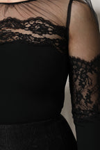 Black Lace Trim Nylon Tulle Sheath Midi Dress