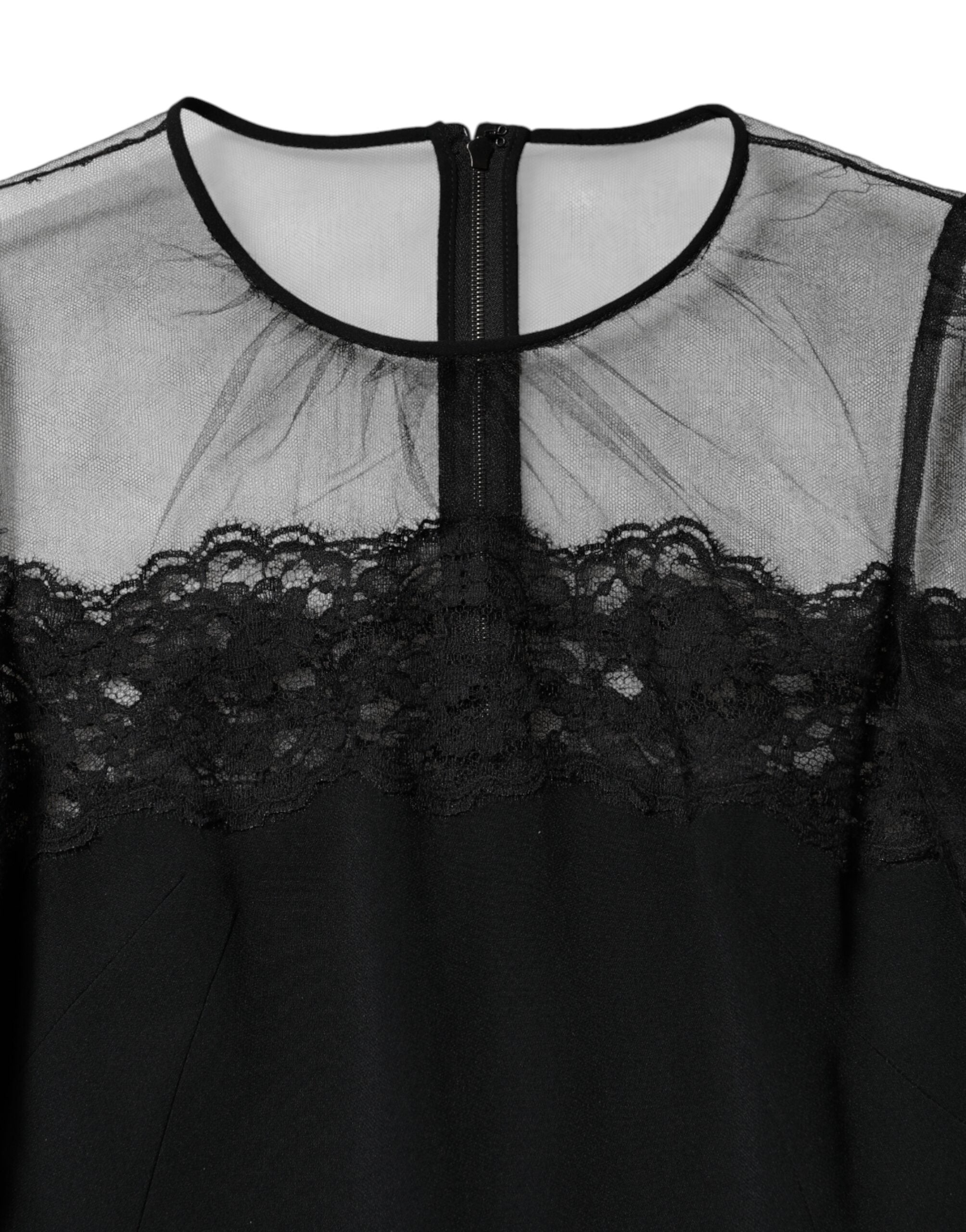 Black Lace Trim Nylon Tulle Sheath Midi Dress