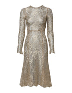 Gold Floral Lace Long Sleeves Fit & Flare Dress