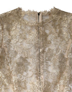 Gold Floral Lace Long Sleeves Fit & Flare Dress