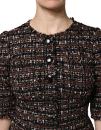 Brown Tweed Short Sleeves A-line Mini Dress
