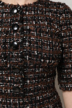 Brown Tweed Short Sleeves A-line Mini Dress