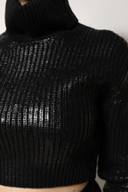 Black Wool Long Sleeve Turtleneck Cropped Top