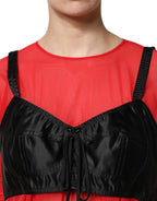 Red Black Bustier Detailing Long Sleeves Top