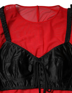 Red Black Bustier Detailing Long Sleeves Top