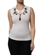 White Cotton Logo Crystal Detailing Tank Top