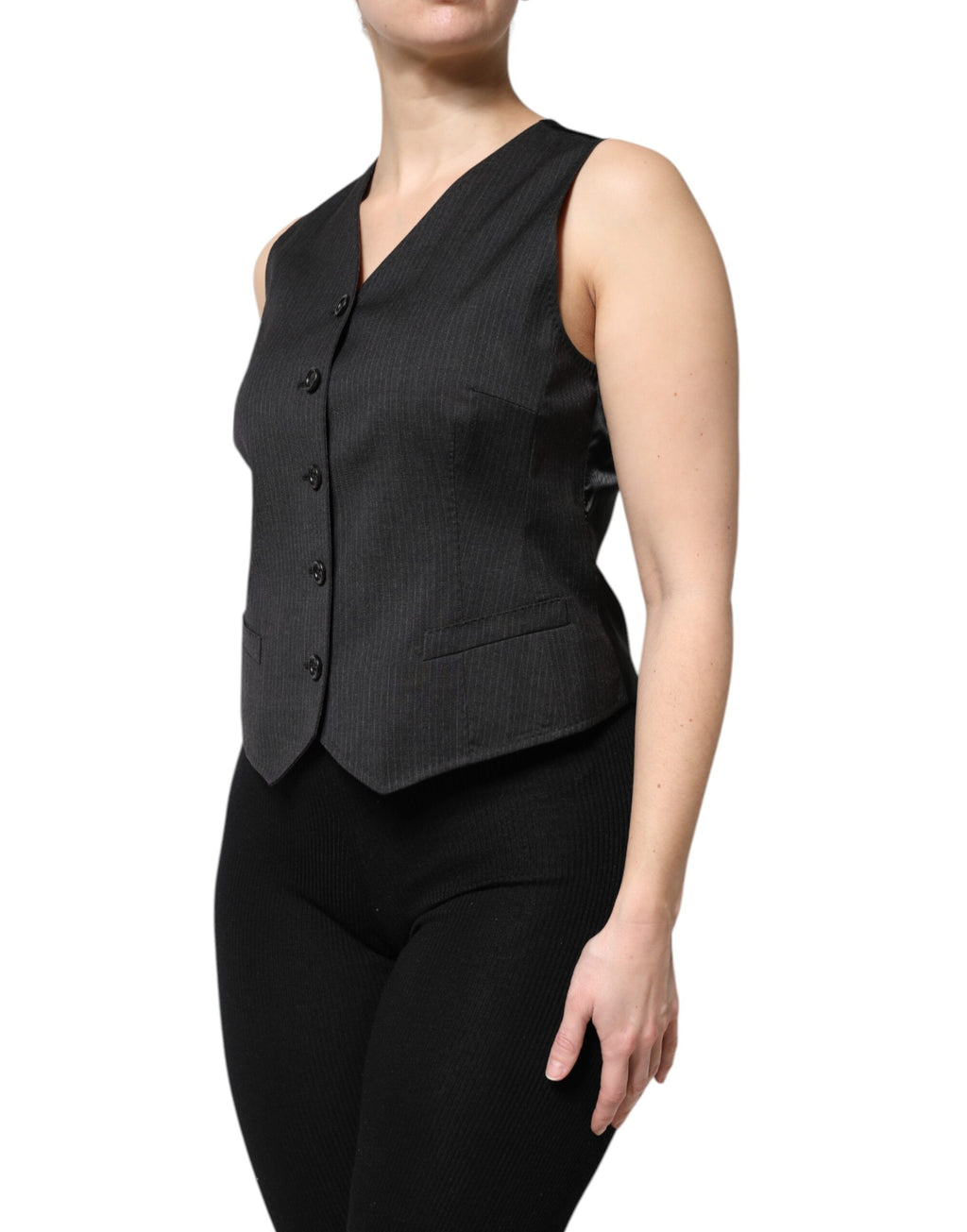 Black Striped Button Down Sleeveless Vest Top