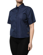 Blue Cotton Short Sleeves Button Down Top