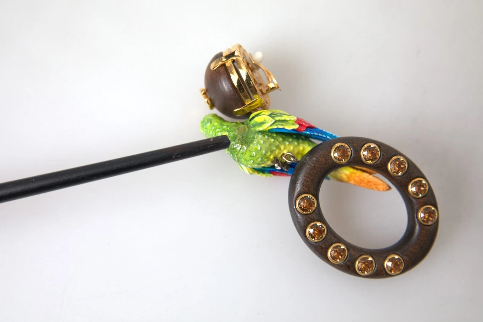 Multicolor Parrot Wood Brass Crystal Embellished Earrings