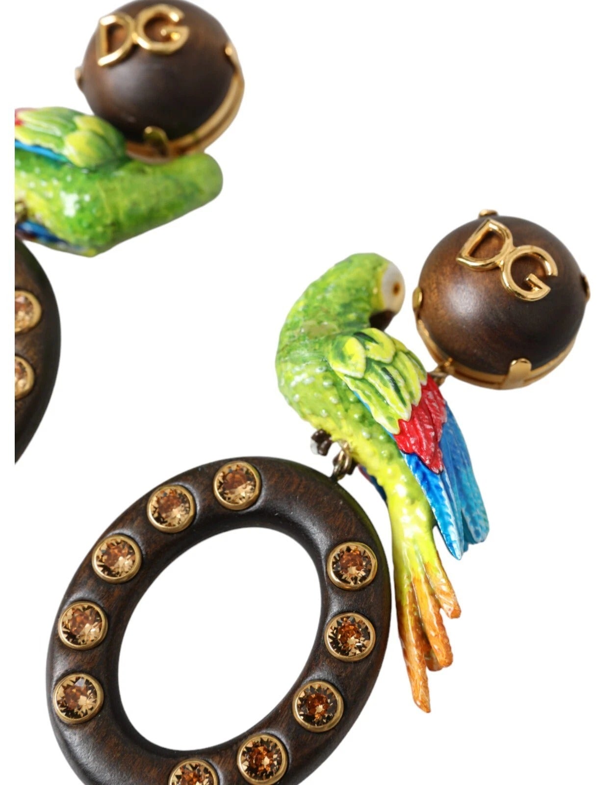 Multicolor Parrot Wood Brass Crystal Embellished Earrings
