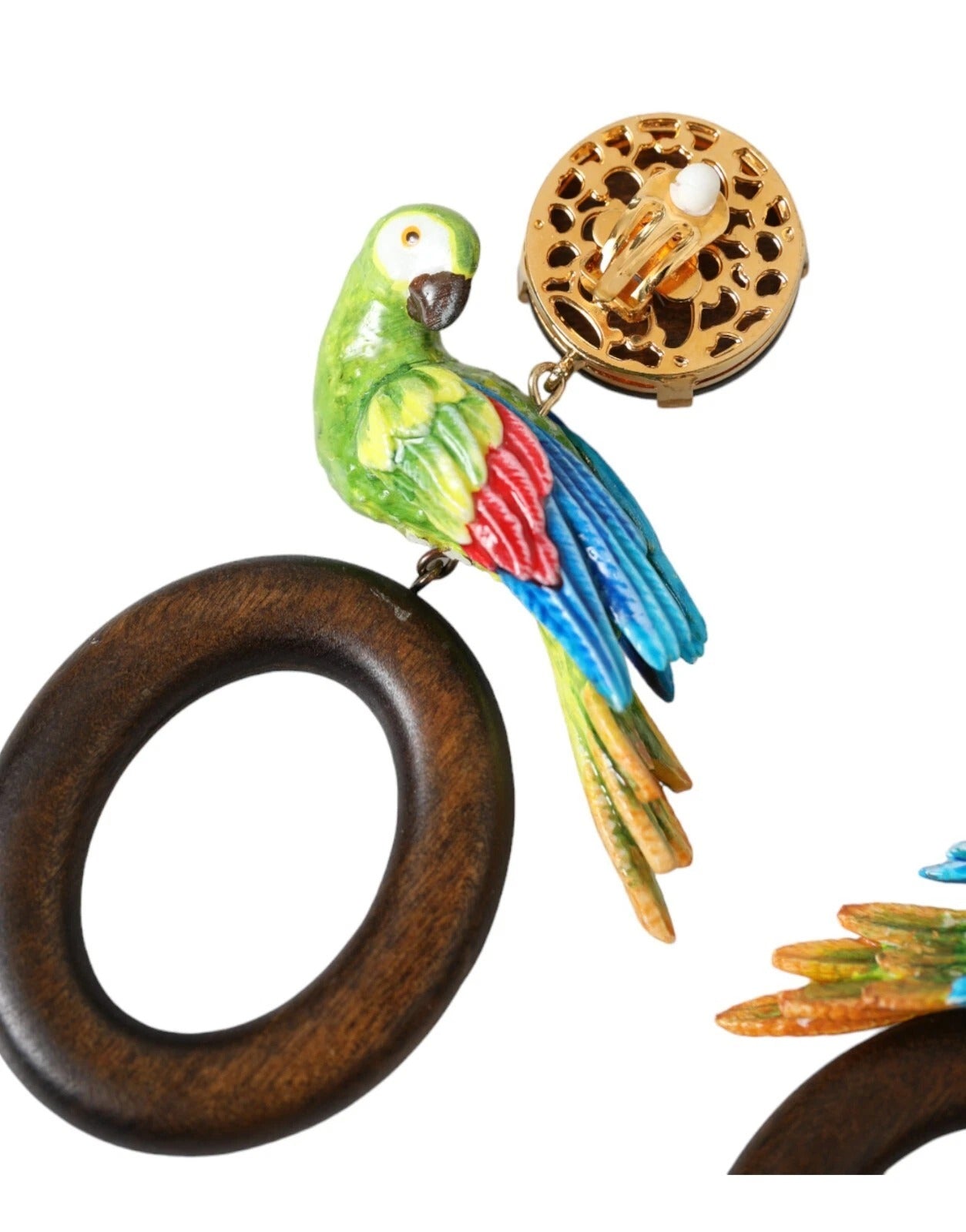 Multicolor Parrot Wood Brass Crystal Embellished Earrings