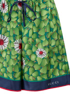 Green Flower Printed Silk Shorts