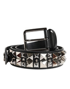 Black Calf Leather Studded Silver Buckle Belt