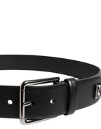 Black Calf Leather Studded Silver Buckle Belt