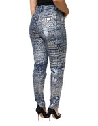 Blue Washed Print High Waist Denim Jeans