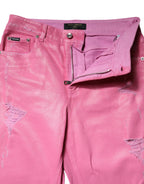 Pink Tattered Mid Waist Tapered Denim Jeans