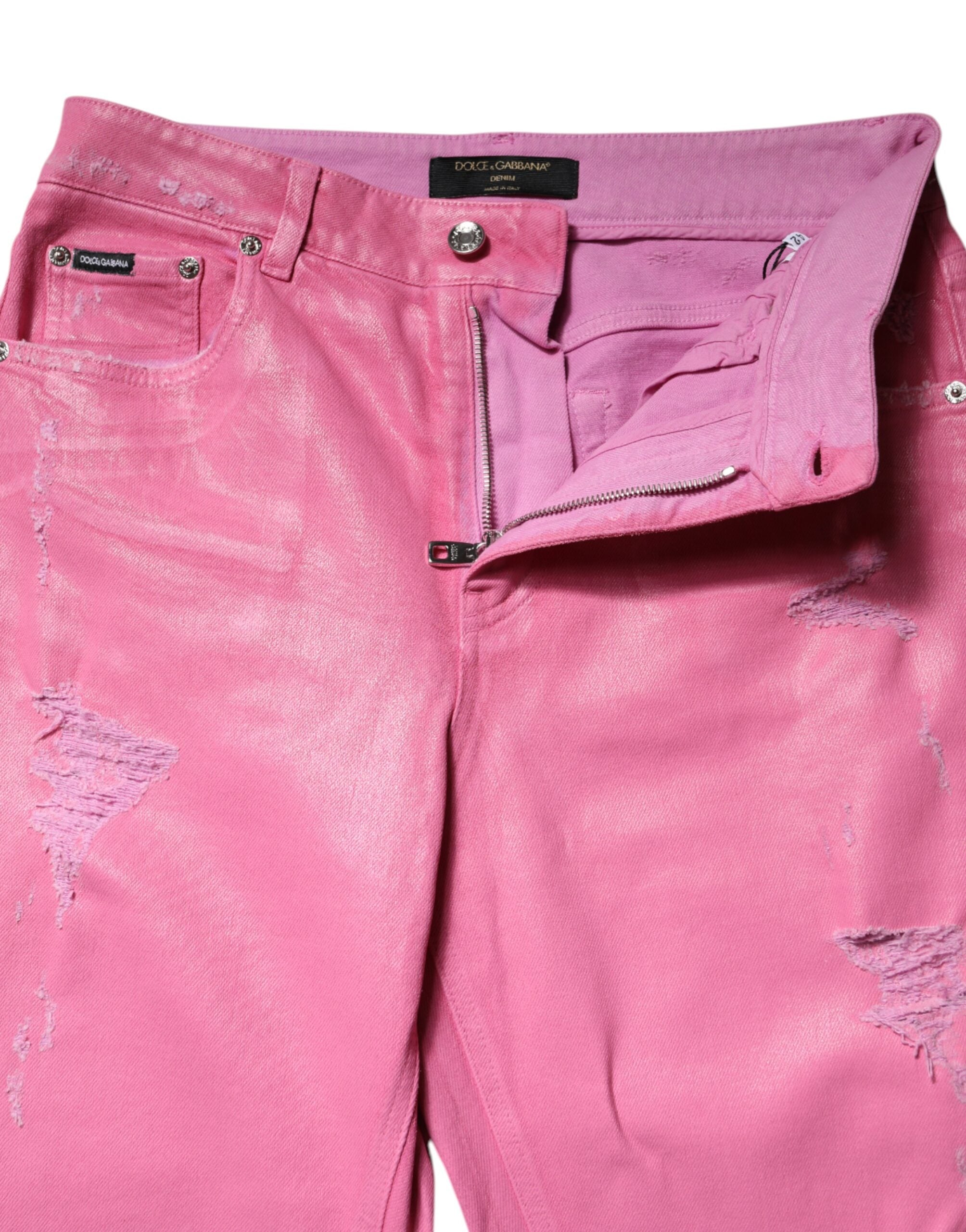 Pink Tattered Mid Waist Tapered Denim Jeans