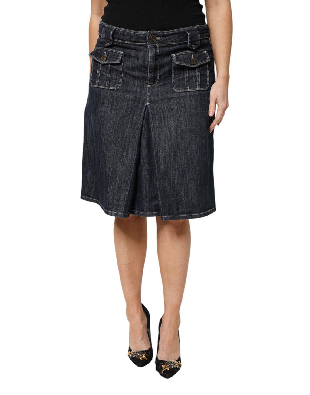 Black Cotton Blend Denim Top Skirt Casual Set