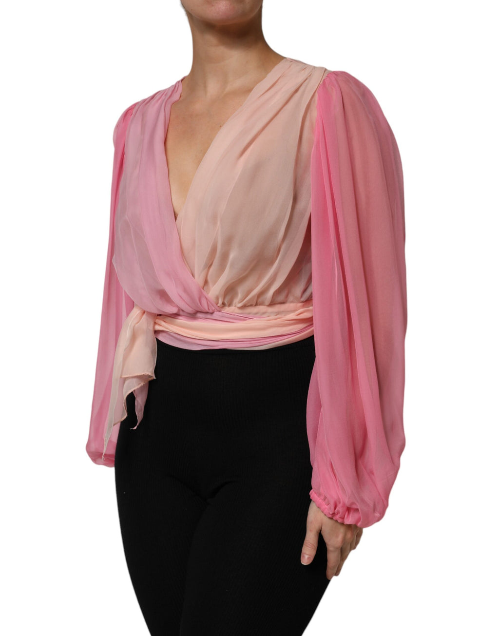 Pink Plunging V-neck Long Sleeves Blouse Top