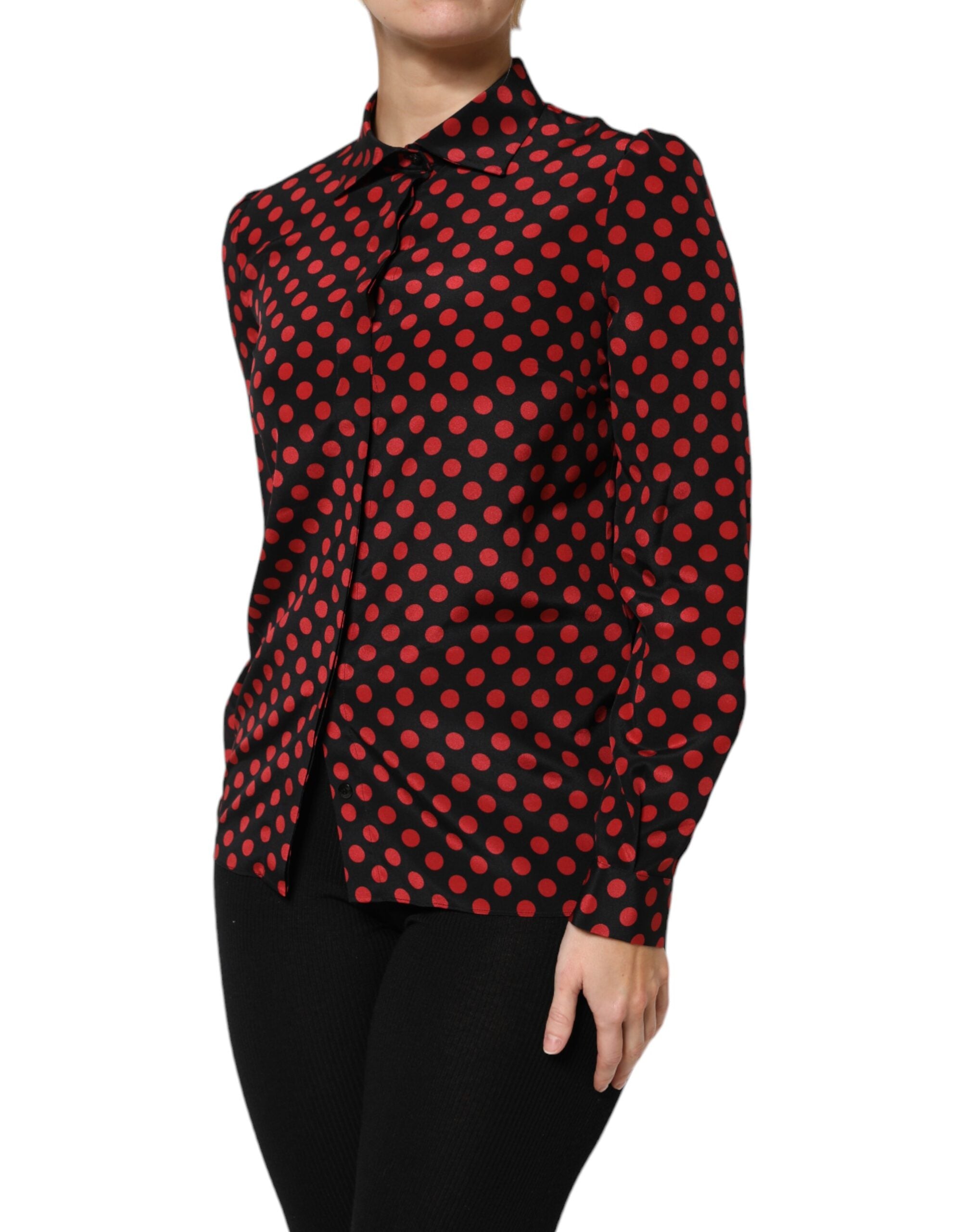 Black Red Polka Dot Silk Long Sleeves Top