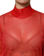 Red Tulle Turtleneck Long Sleeve Blouse Top