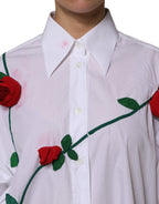 White Cotton Floral Appliques Dress Shirt Top