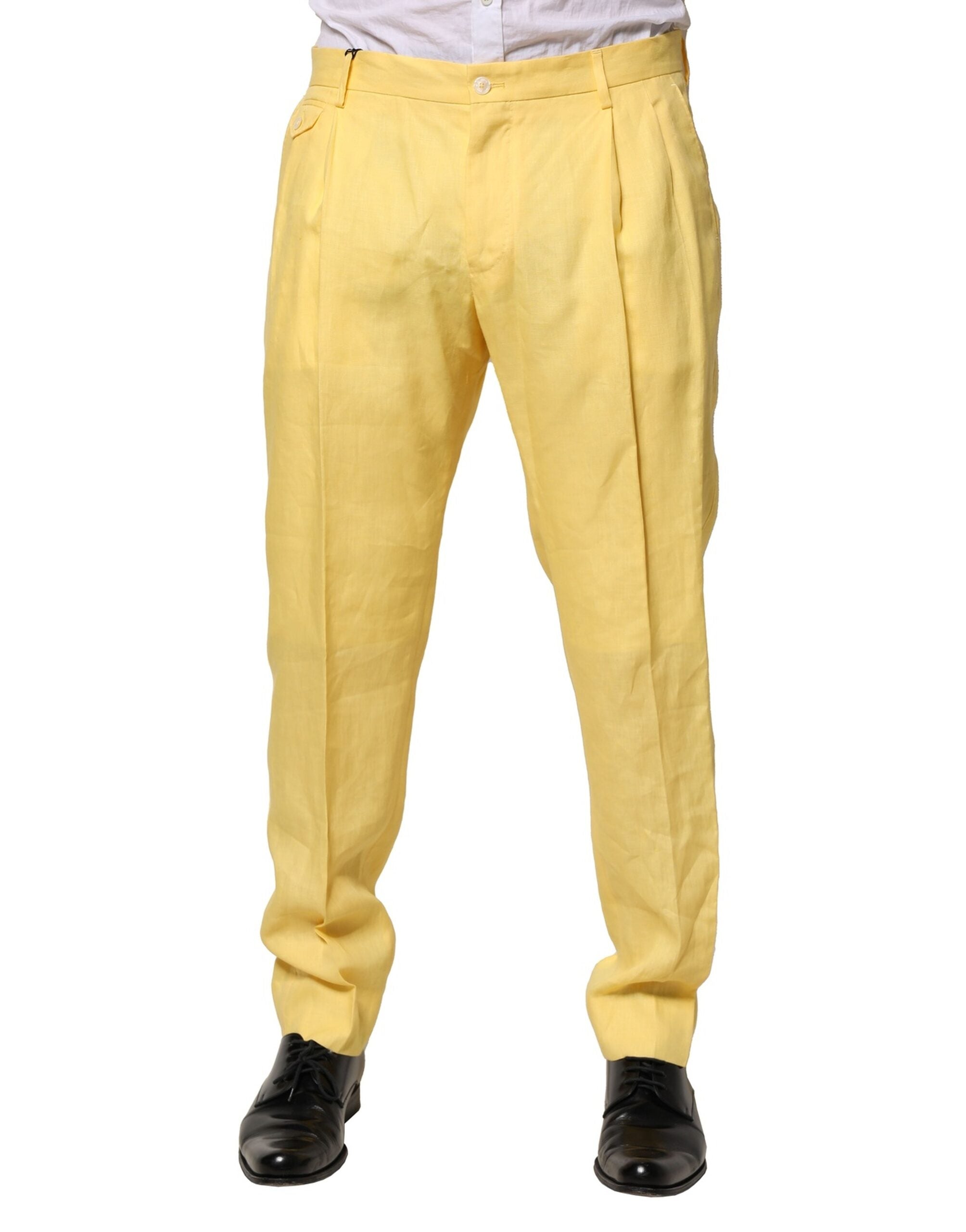 Yellow Flax Tapered Dress Men Pants