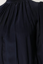 Blue Silk Mock Neck Long Sleeves Blouse Top