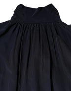 Blue Silk Mock Neck Long Sleeves Blouse Top