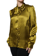 Green Ascot Collar Long Sleeves Blouse Top