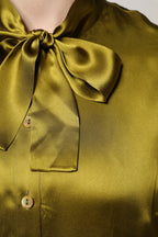 Green Ascot Collar Long Sleeves Blouse Top