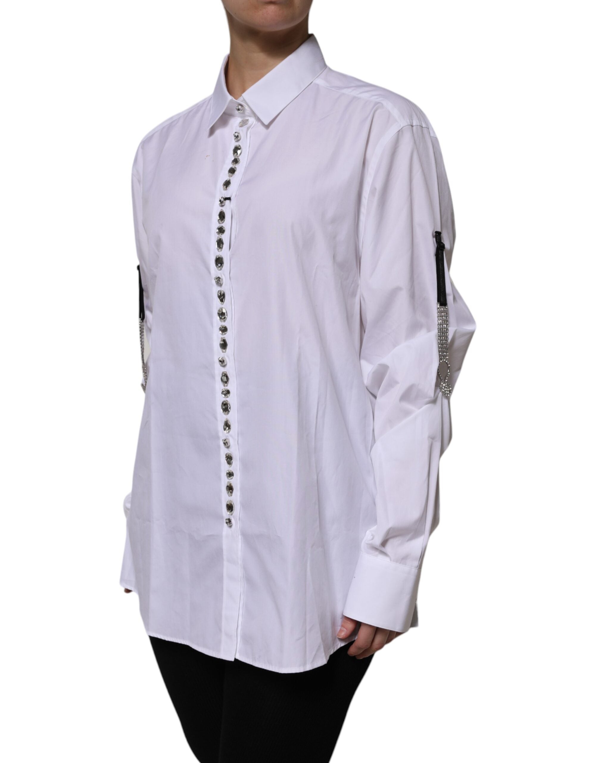 White Rhinestone Embellish Long Sleeves Top