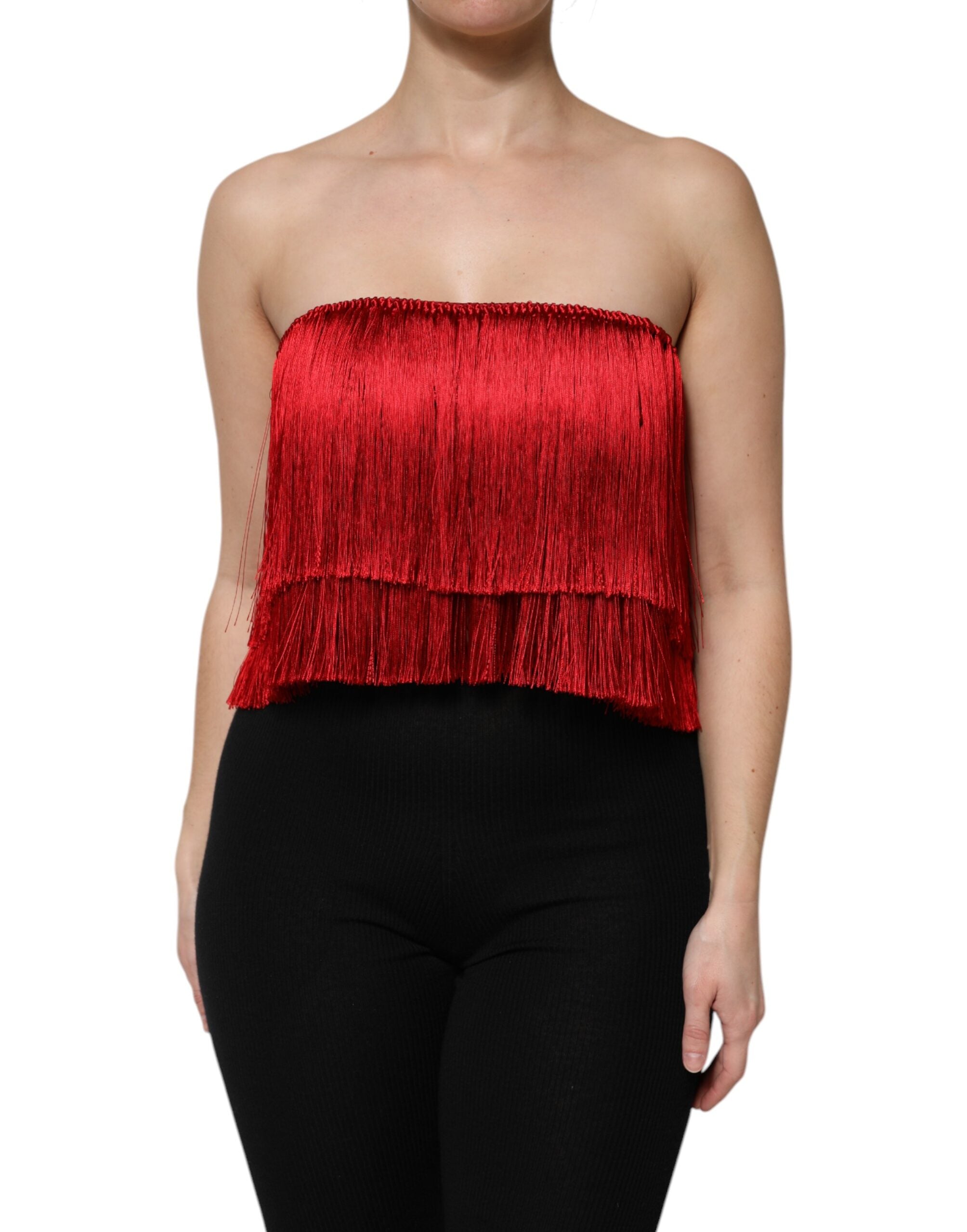 Red Silk Strapless Fringe Crop Tube Top