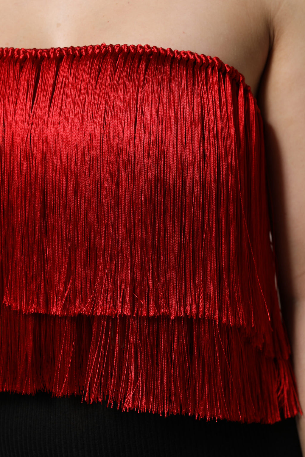 Red Silk Strapless Fringe Crop Tube Top