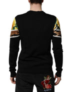 Black Silk Floral Crew Neck Pullover Sweater