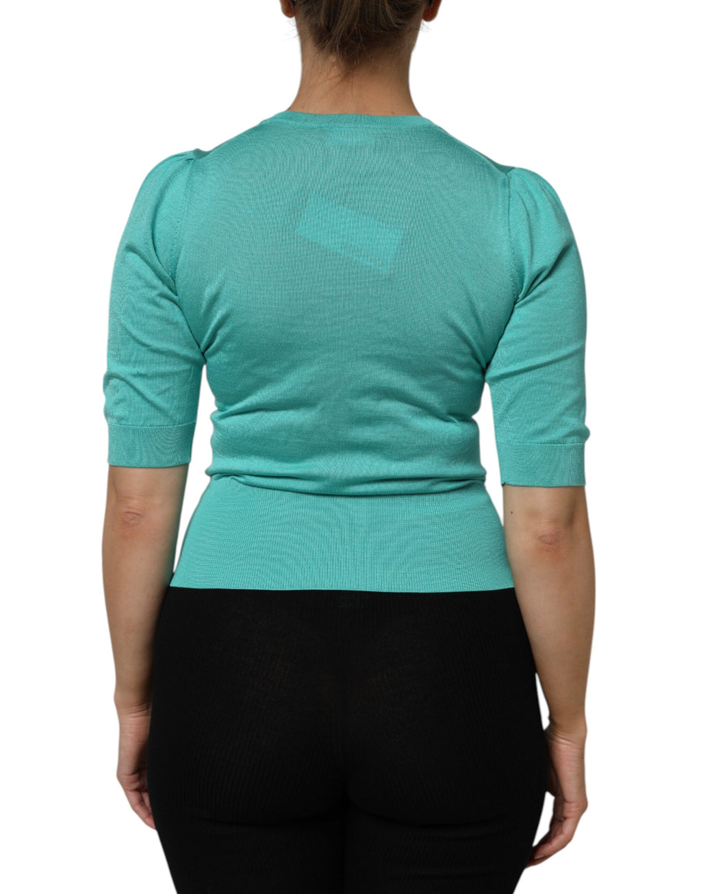 Aqua Blue Silk Short Sleeves Square Neck Top