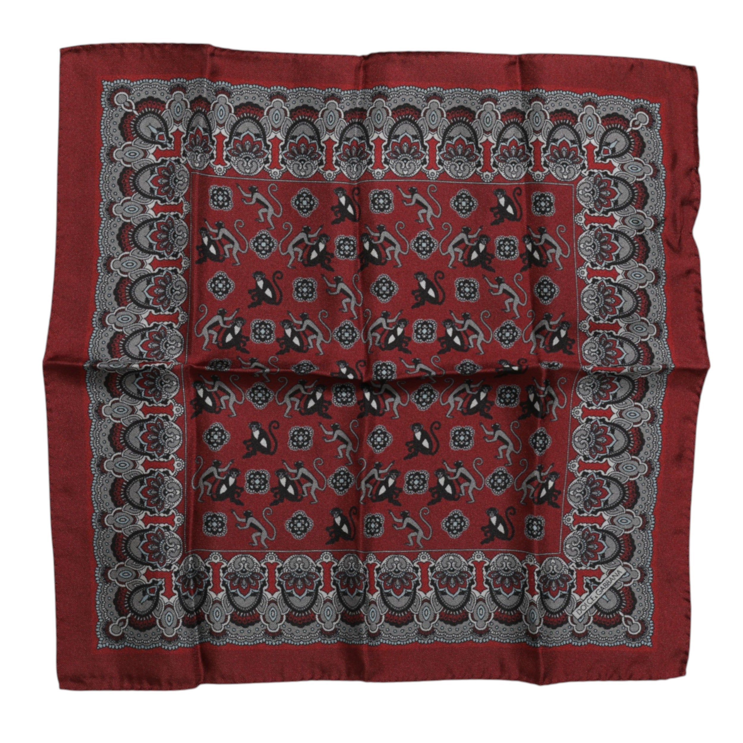 Maroon Monkey Print Silk Square Foulard Scarf