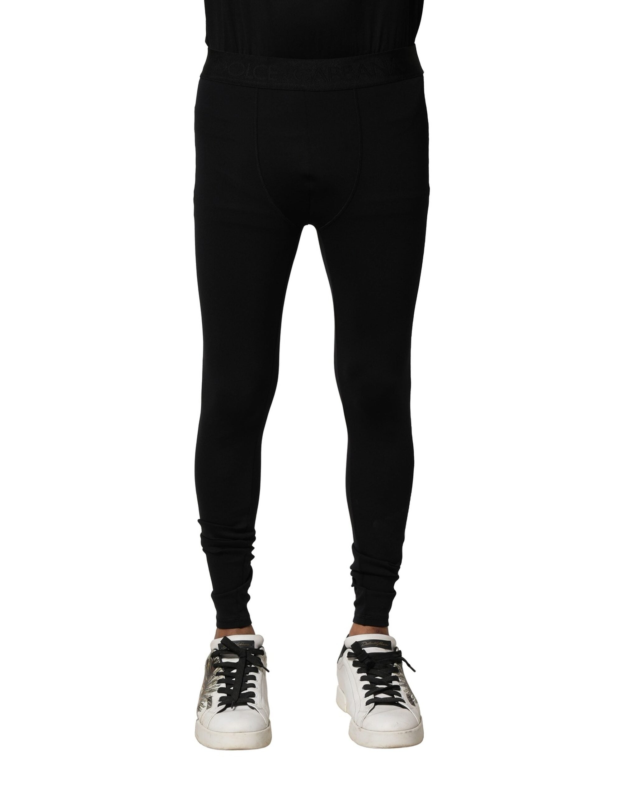 Black Nylon Elastic Logo Men Leggings Pants