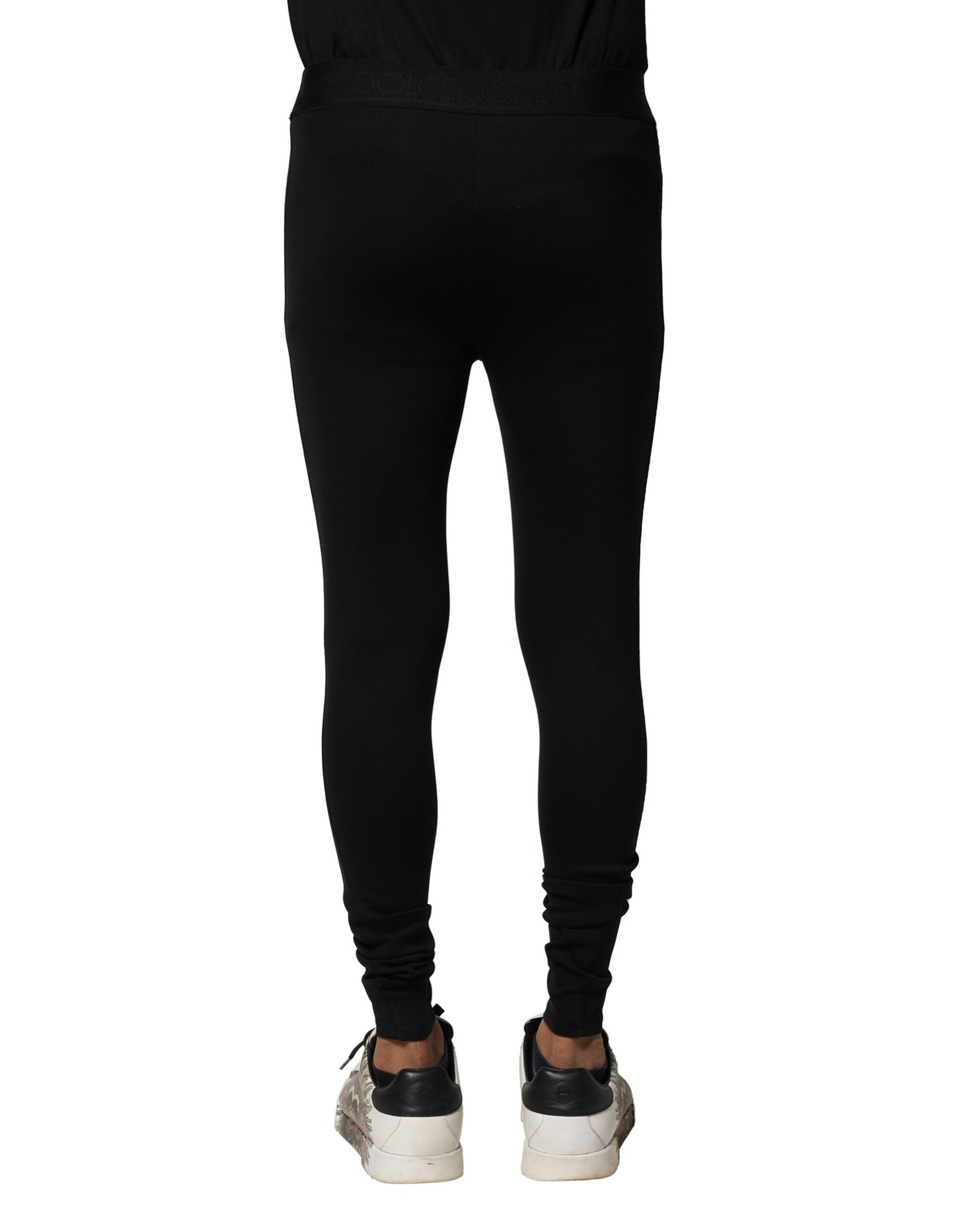 Black Nylon Elastic Logo Men Leggings Pants