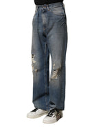 Blue Cotton Tattered Men Denim Jeans