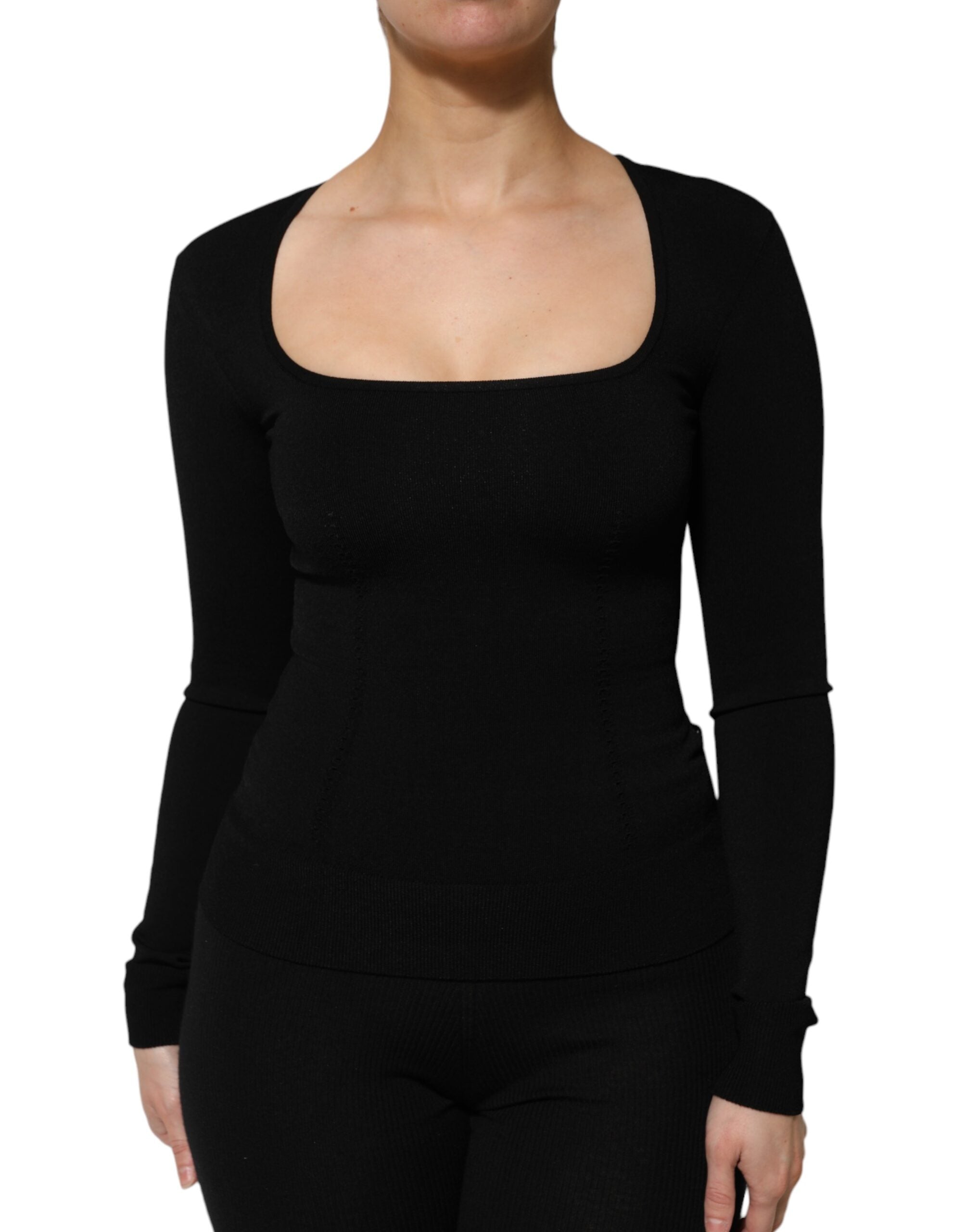 Black Square Neck Long Sleeves Pullover Top