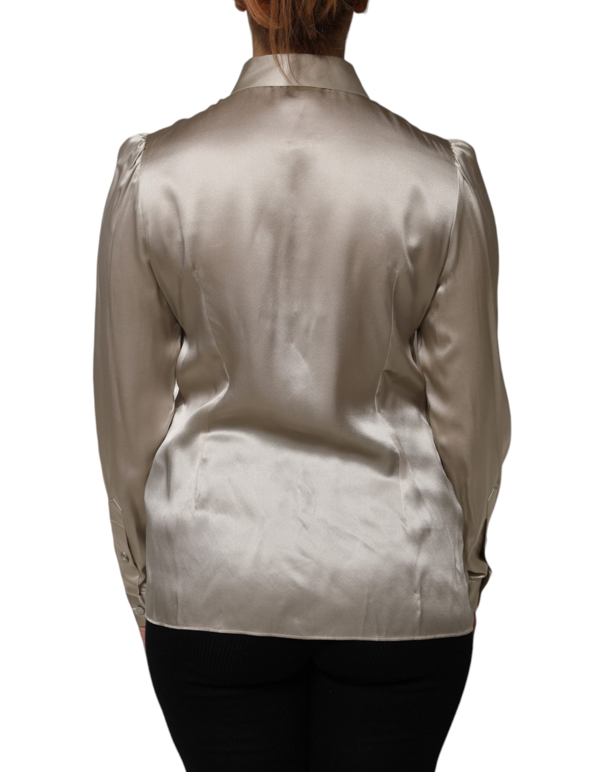 Beige Satin Silk Collared Long Sleeves Top