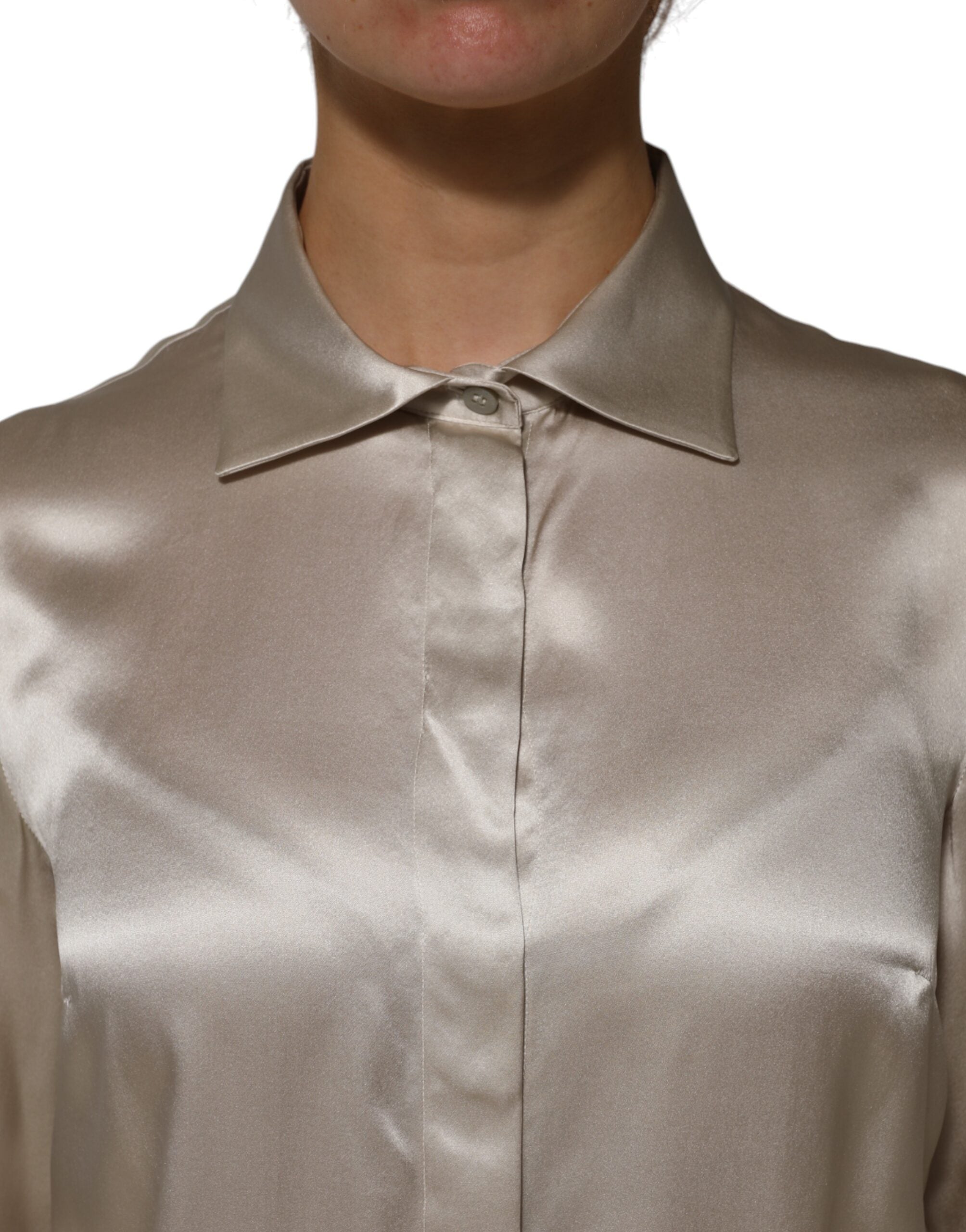 Beige Satin Silk Collared Long Sleeves Top