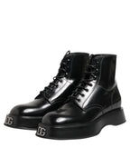 Black Leather Logo Ankle Boots Lace Up Shoes