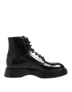 Black Leather Logo Ankle Boots Lace Up Shoes
