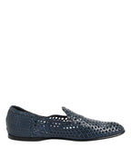 Blue Woven Leather Slip On Loafers Shoes