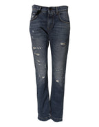 Blue Cotton Tattered Boyfriend Denim Jeans
